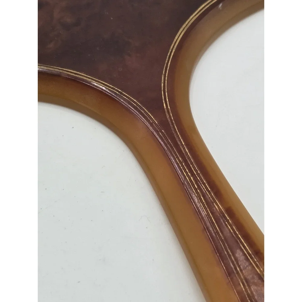 Pyralin Mayflower VTG Hand Held Amber Mirror Art Deco Beveled Ornate Celluloid